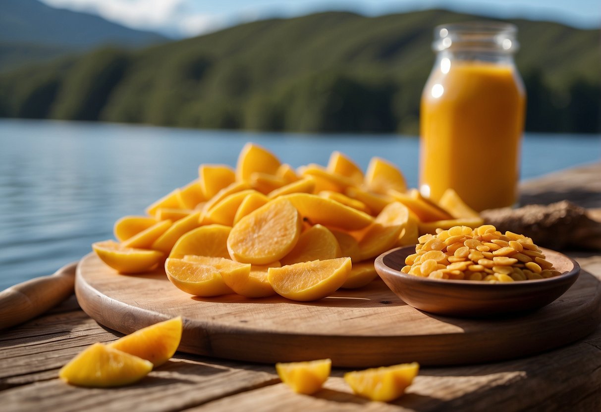 A colorful assortment of dried mango slices arranged on a rustic wooden cutting board, surrounded by other lightweight snacks, with a backdrop of a serene lake and a canoe in the distance