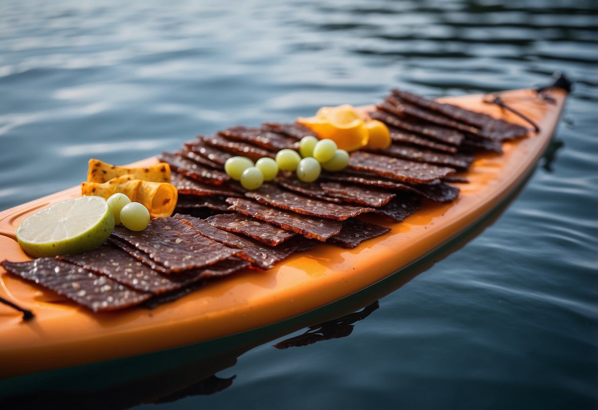 A pile of beef jerky and other lightweight snacks arranged on a kayak deck, with a paddle and water in the background