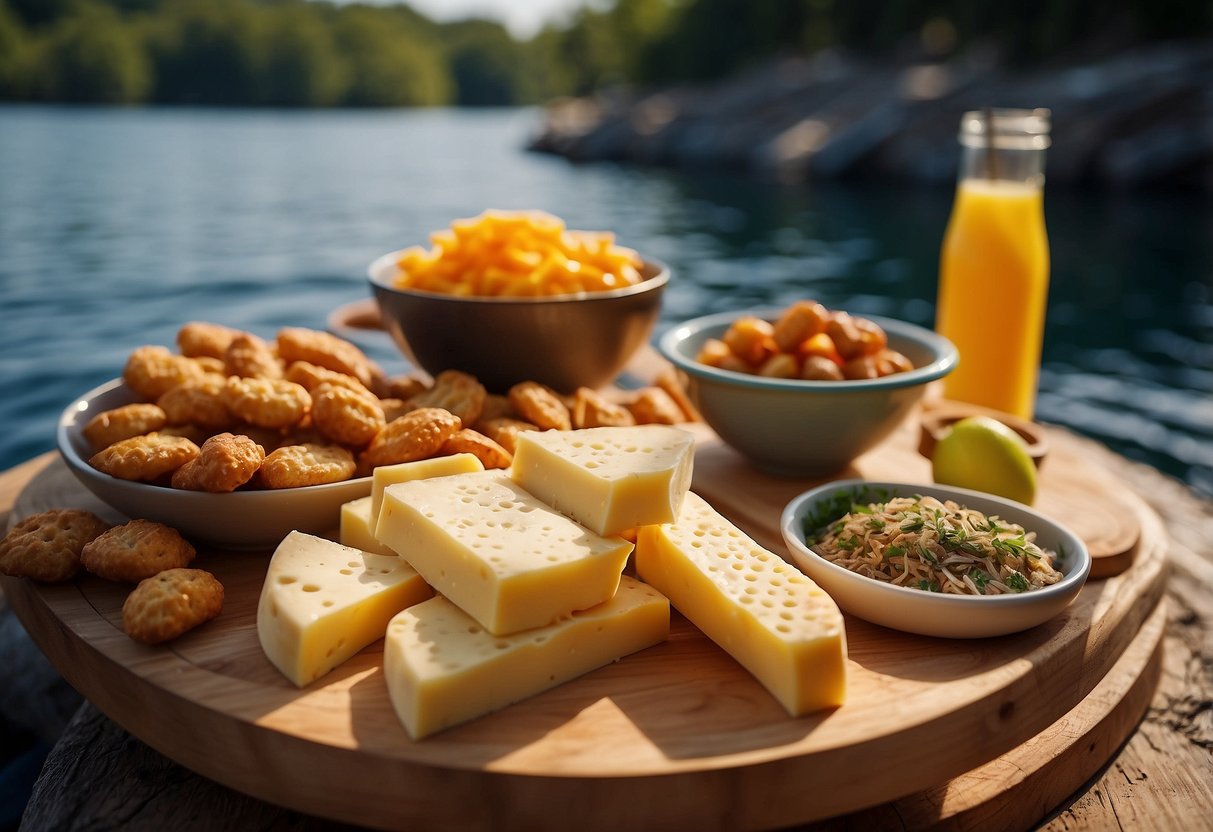 A pile of cheese sticks and other lightweight snacks arranged on a portable table next to a kayak and paddles