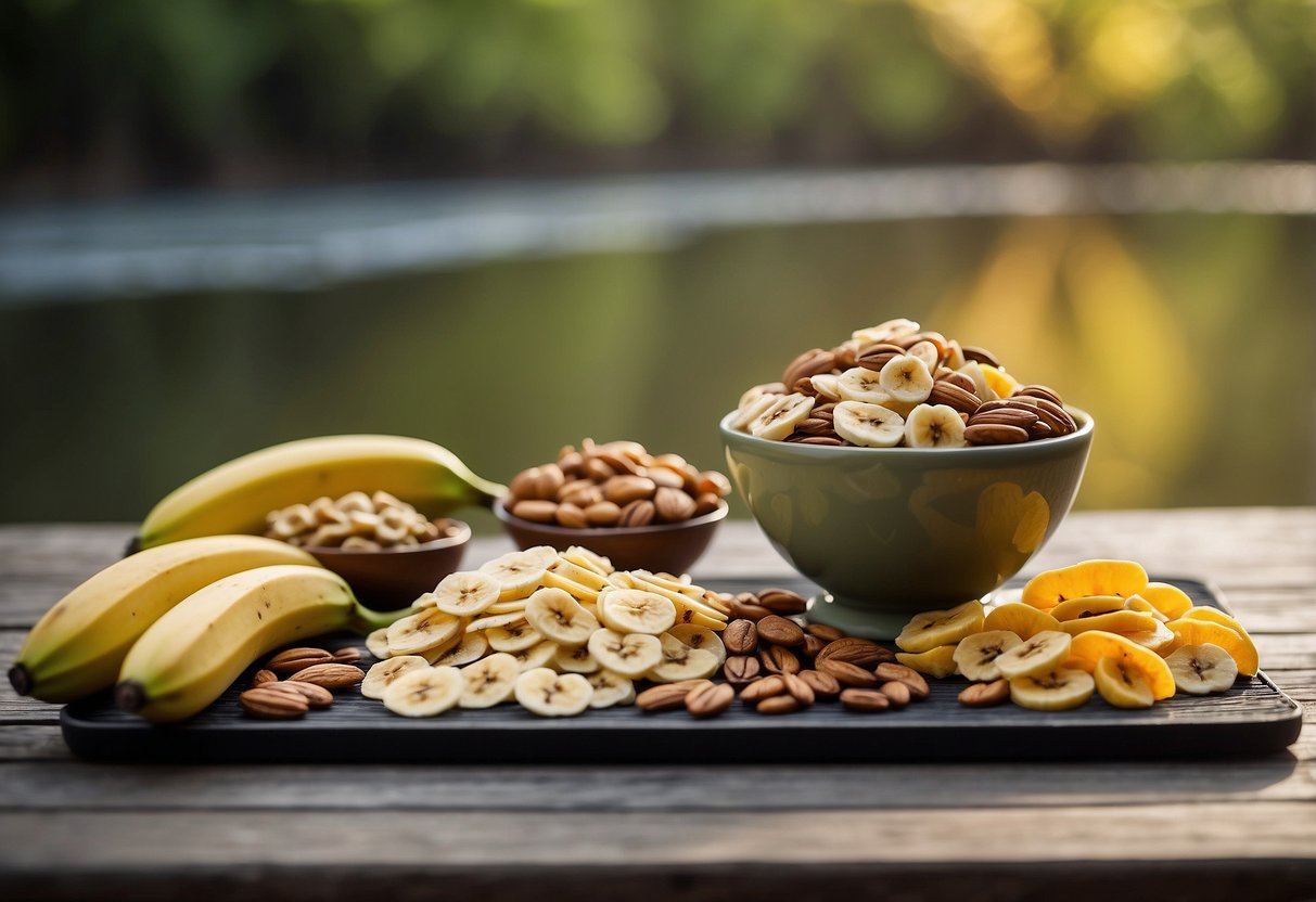 A colorful assortment of banana chips, nuts, and dried fruits spread out on a lightweight, waterproof mat beside a tranquil river