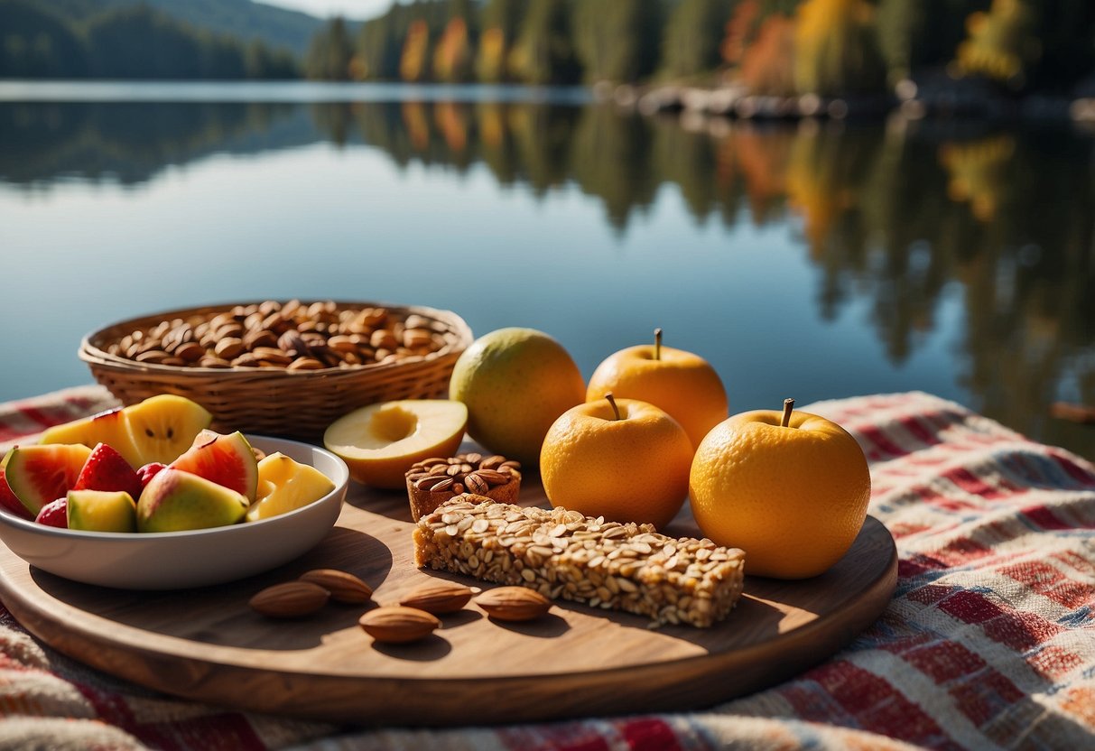 A colorful array of fruits, nuts, and granola bars scattered on a picnic blanket beside a calm lake, with a kayak and paddles in the background