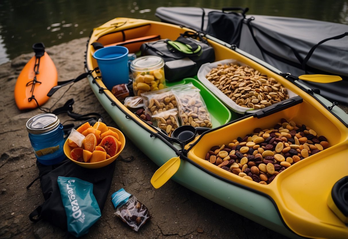 A kayak loaded with camping gear, a cooler, and a variety of lightweight snacks such as trail mix, energy bars, and dried fruit, ready for a paddling trip