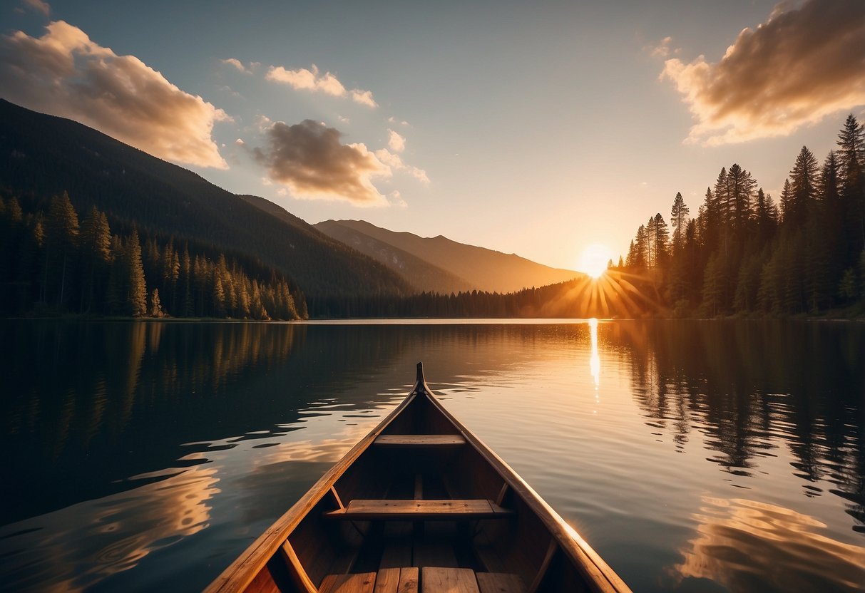 A serene lake surrounded by dense forest, with a lone canoe gliding through the calm waters. The sun sets behind the mountains, casting a warm glow over the tranquil scene