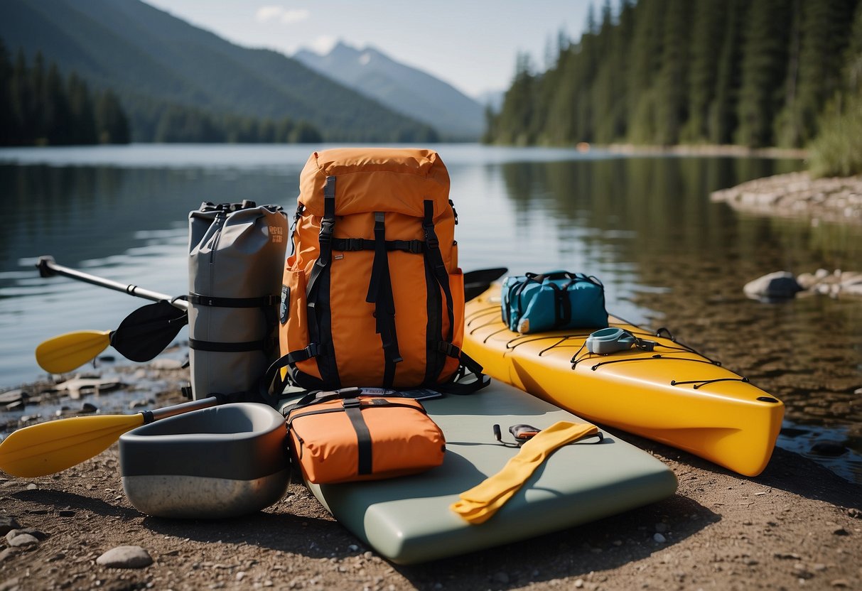 A backpack with safety gear, including a life jacket, first aid kit, and map, sits next to a kayak and paddle in a serene backcountry setting