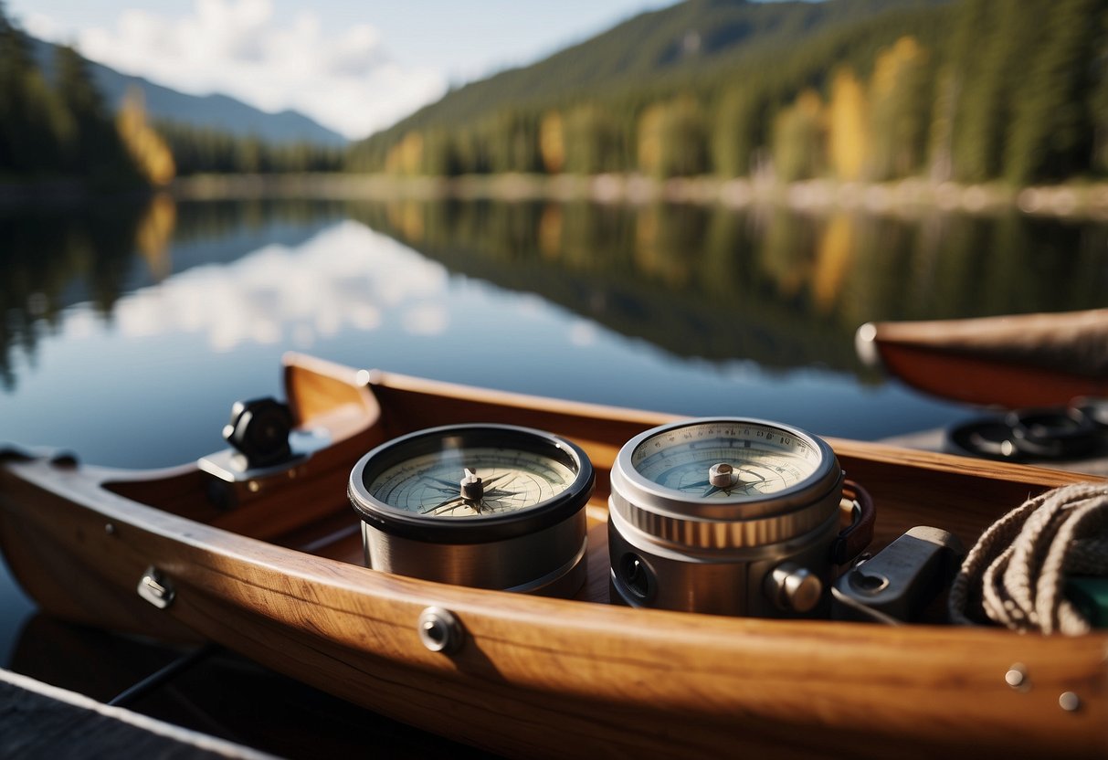 A map and compass lay on a wooden canoe seat, surrounded by camping gear. The serene backcountry lake stretches out in the background