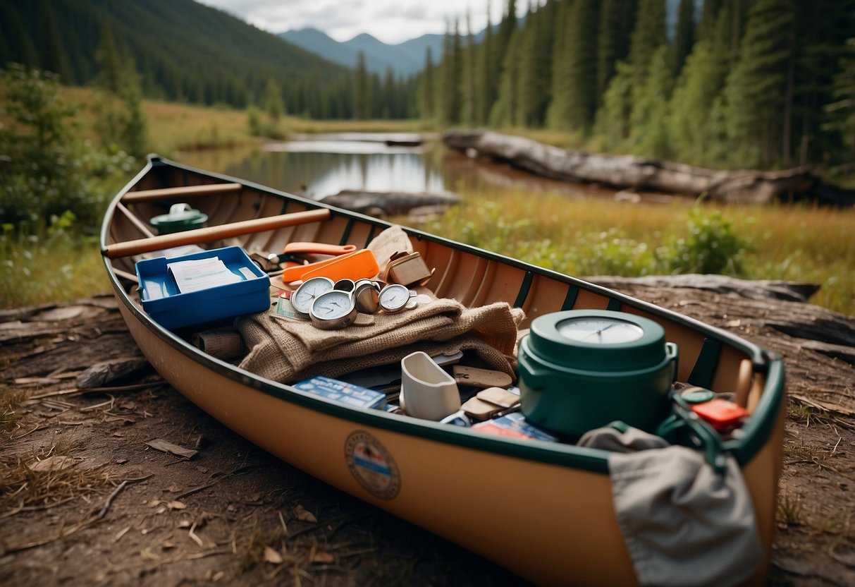 A canoe is overturned in a remote wilderness setting, with emergency supplies scattered on the ground. A map, compass, and first aid kit are visible