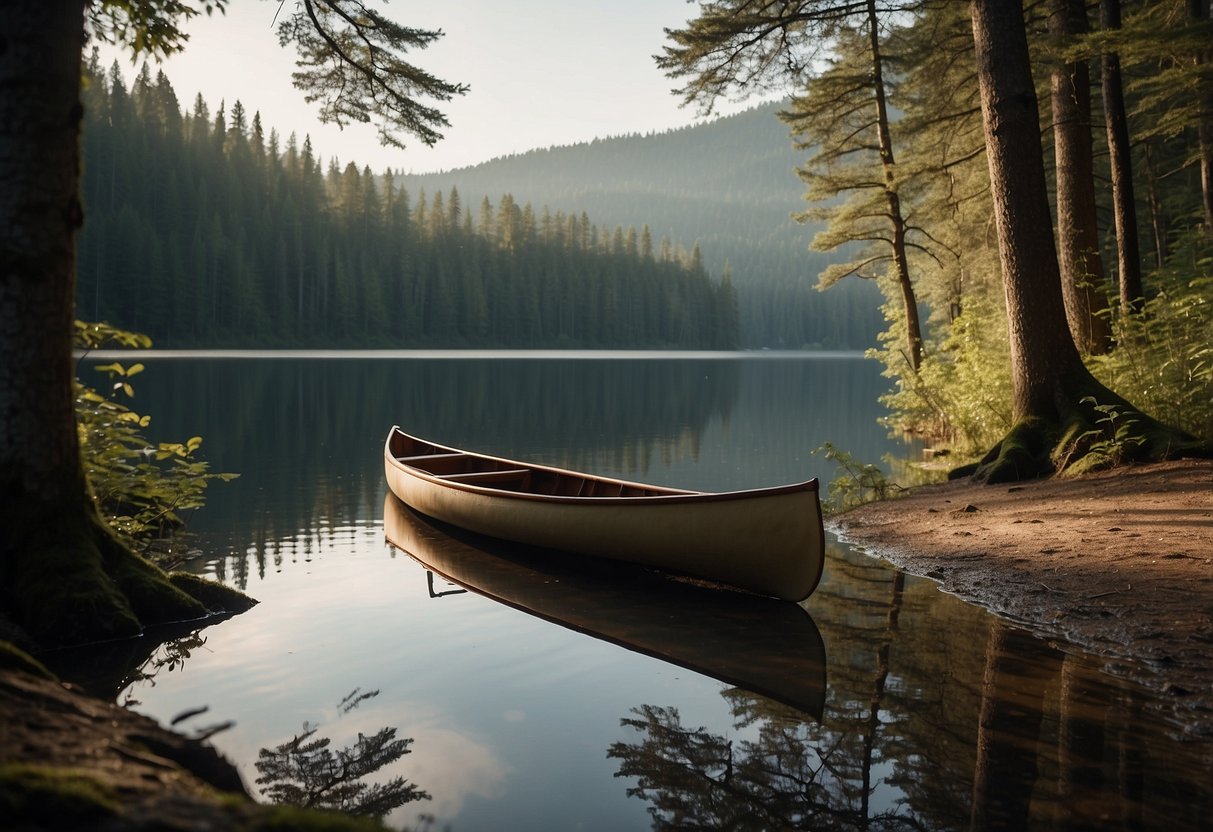 A canoe sits on the edge of a calm, glassy lake, surrounded by dense forest. A map and compass lay on the ground next to it, with a backpack and paddle nearby