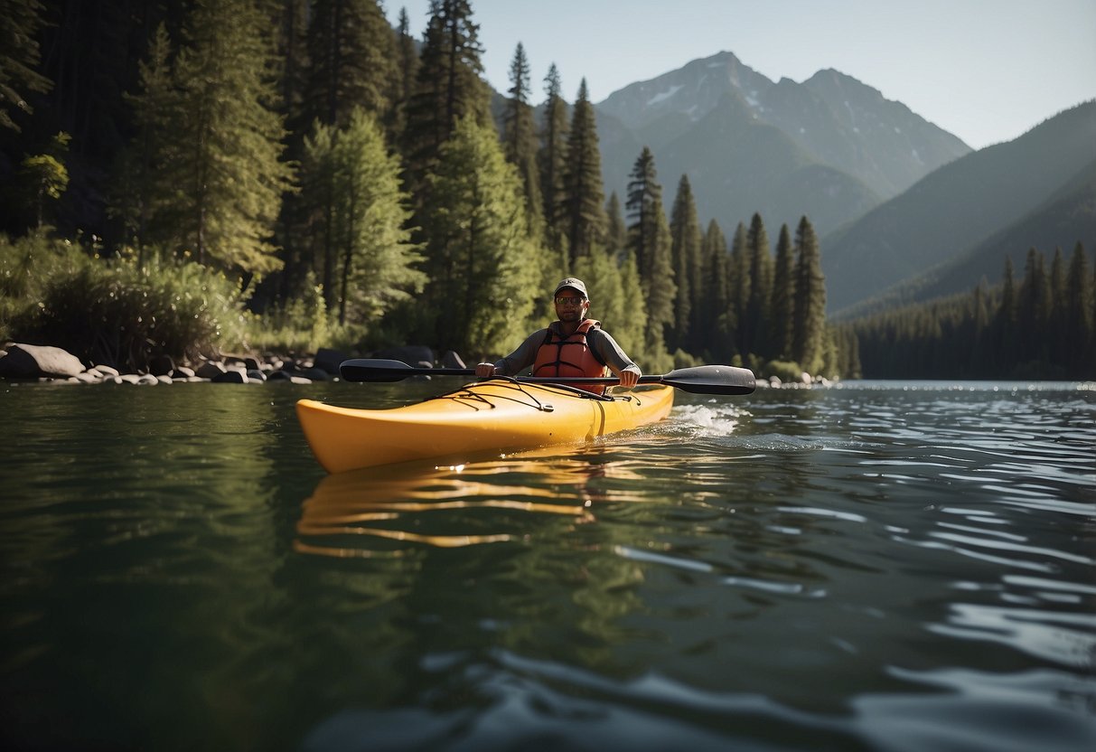 A kayaker glides through calm waters, using efficient paddling techniques. The surrounding backcountry landscape is lush and serene, with towering trees and distant mountains