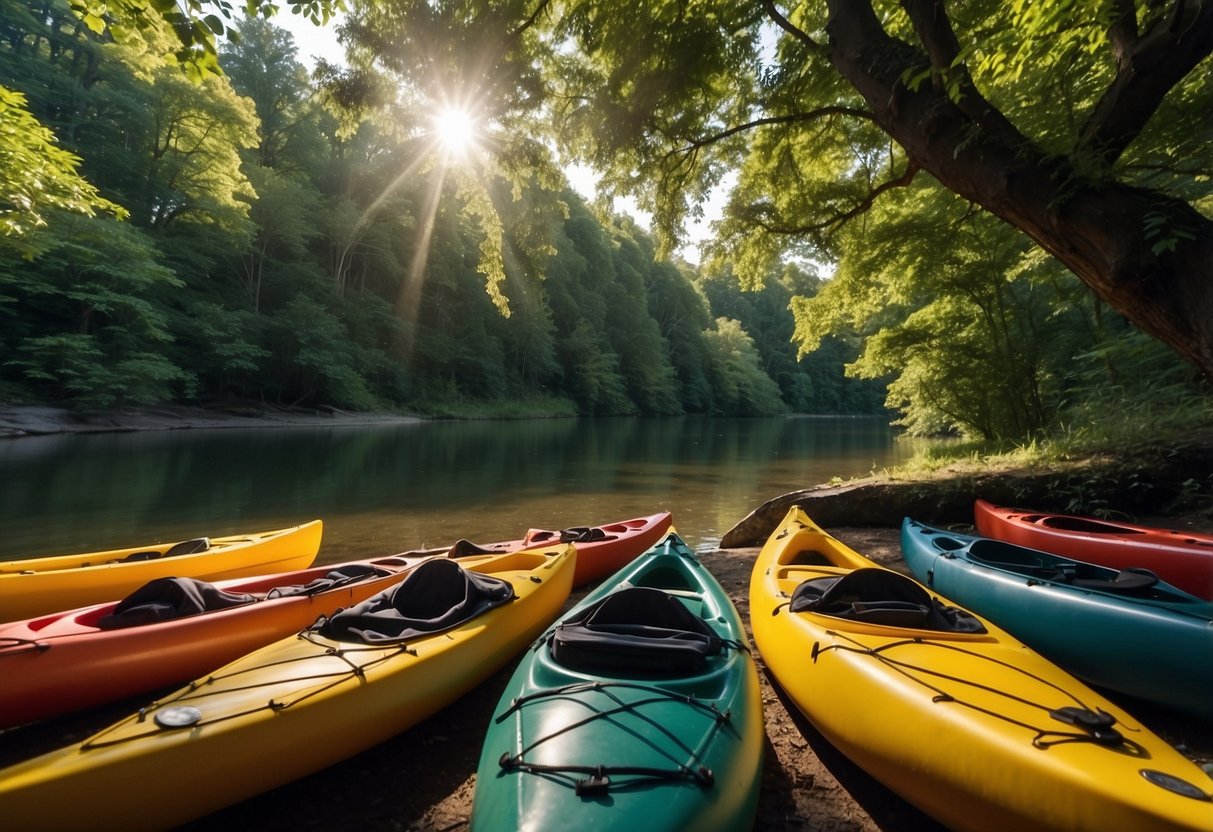 A riverbank with kayaks and canoes, surrounded by lush greenery. Five lightweight jackets are displayed on a nearby table, with the sun shining overhead