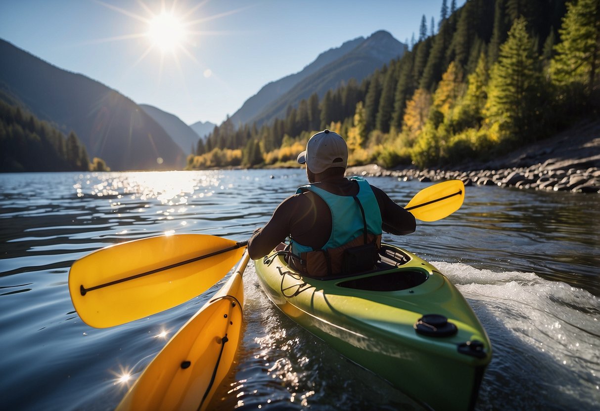 A kayak glides through calm waters, the sun reflecting off the Stohlquist Men's Torrent Jacket. The lightweight jacket provides protection as the paddler navigates the serene river