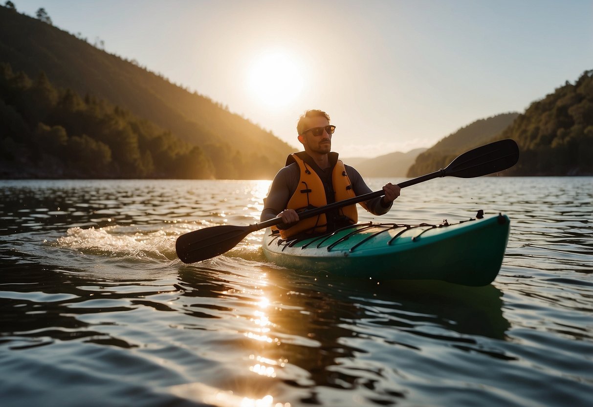 A kayaker paddles through calm waters, wearing the Palm Vantage Jacket. The sun shines overhead, casting a warm glow on the lightweight, protective gear