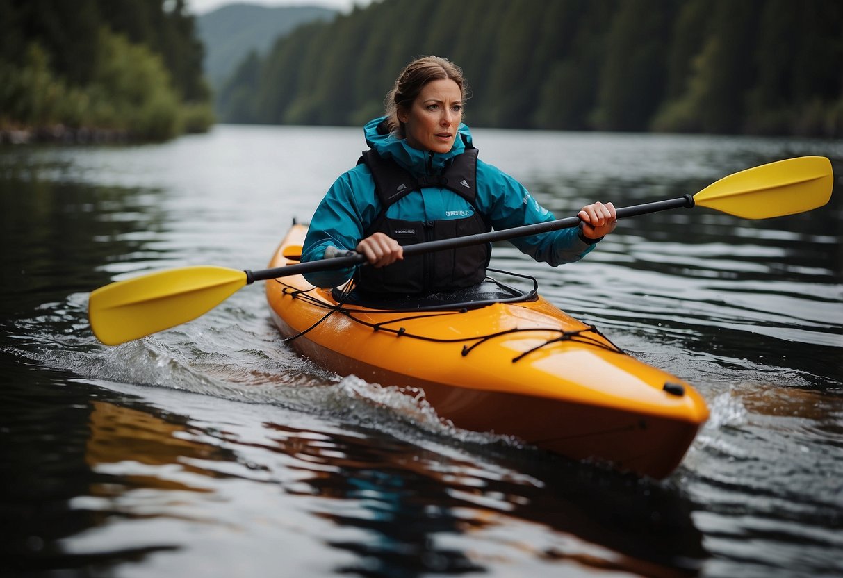 A kayaker paddles through calm waters wearing a Level Six Emperor Jacket, showcasing its lightweight and durable design for kayaking and canoeing