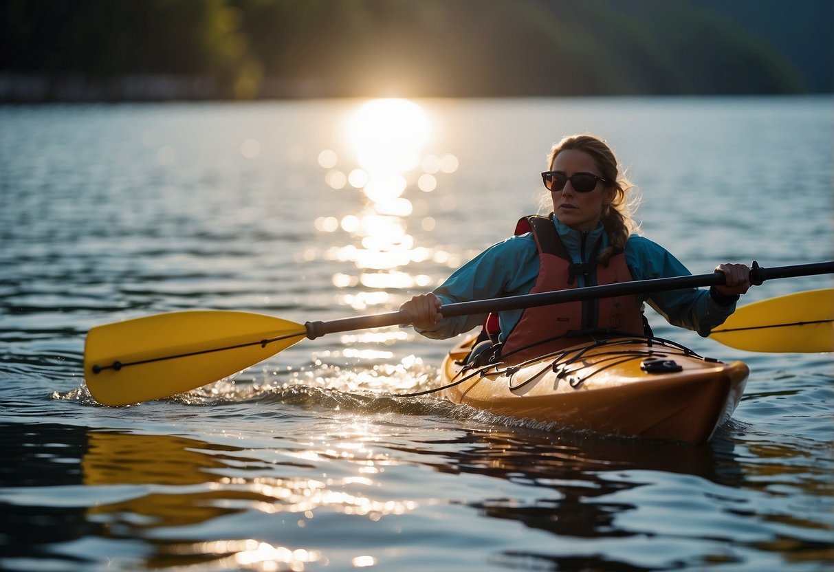 A kayaker paddles through calm waters, wearing a lightweight jacket. The sun glistens off the water as the jacket provides protection from the wind and splashes