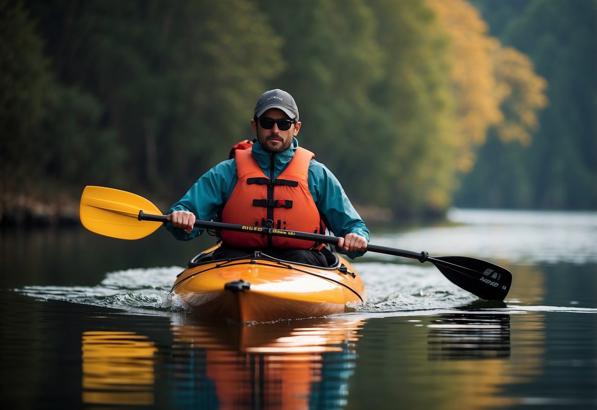 A kayaker paddling through calm waters, wearing a lightweight jacket with adjustable cuffs and a high collar for wind protection. The jacket features multiple pockets and reflective details for visibility