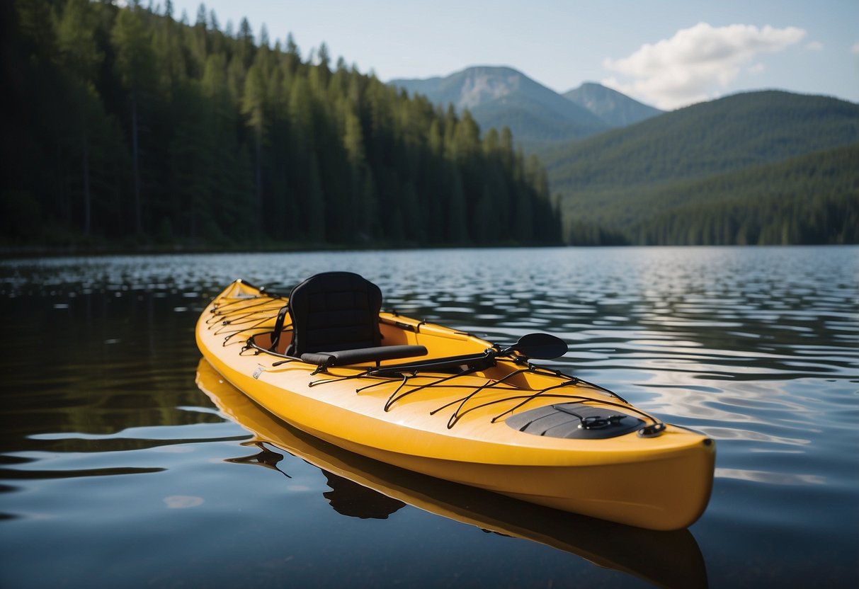 Paddles, kayaks, and gear are securely wrapped in waterproof bags, with a tarp covering the entire load, as it floats on a calm, glassy lake