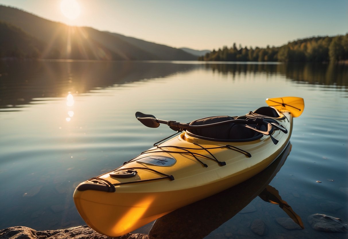 A kayak sits on a calm lake, surrounded by sealed containers. The sun shines down as the paddler's gear remains dry and secure