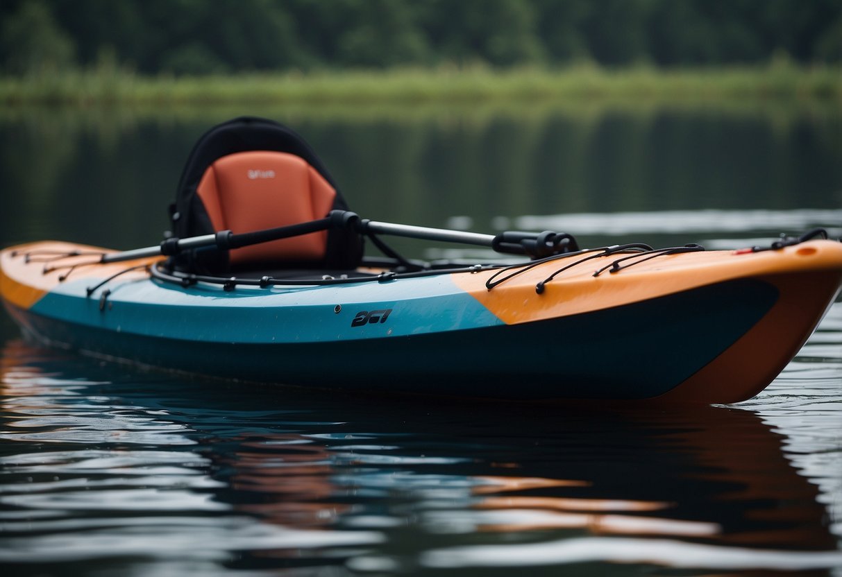 A kayak floats on calm water, gear secured with jaw grippers. Rain falls but gear stays dry under a taut waterproof cover