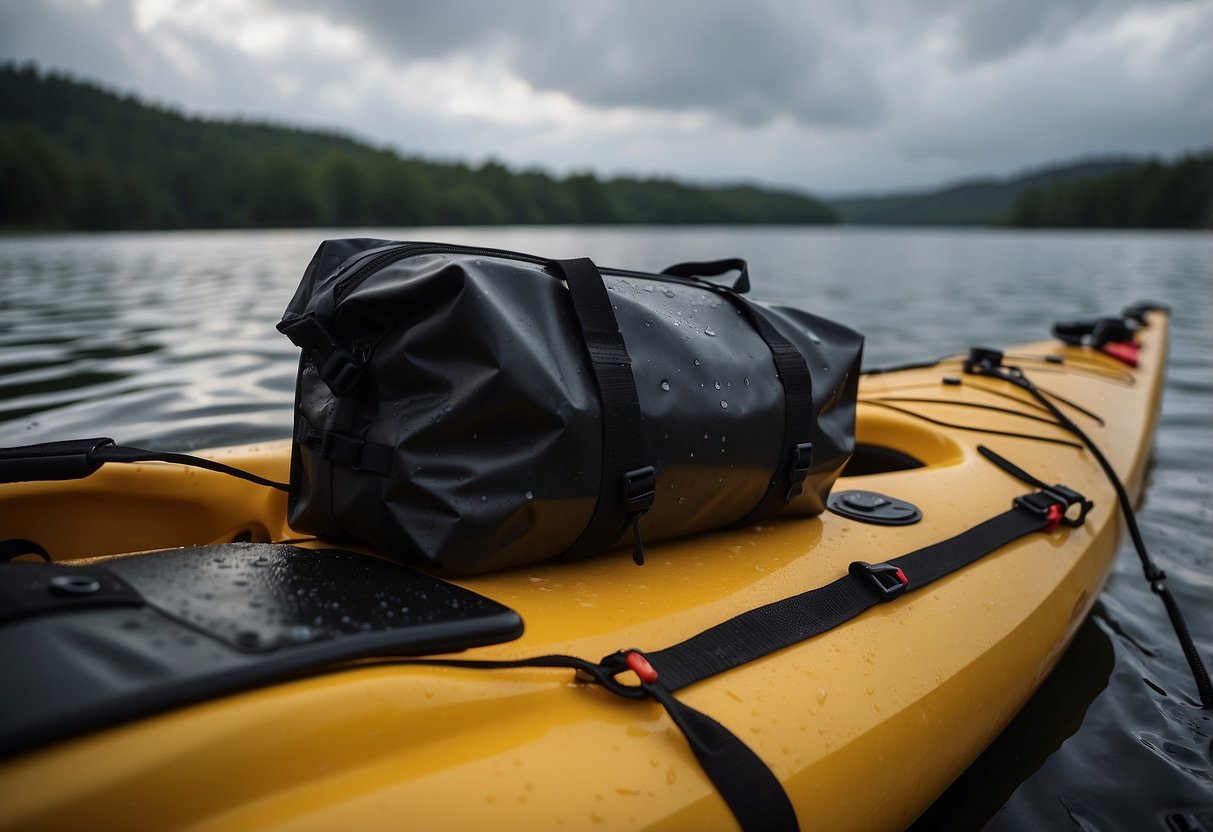 Gear scattered on a kayak deck, water droplets visible. Rain clouds in the sky, waves splashing. Waterproof bags and covers on gear