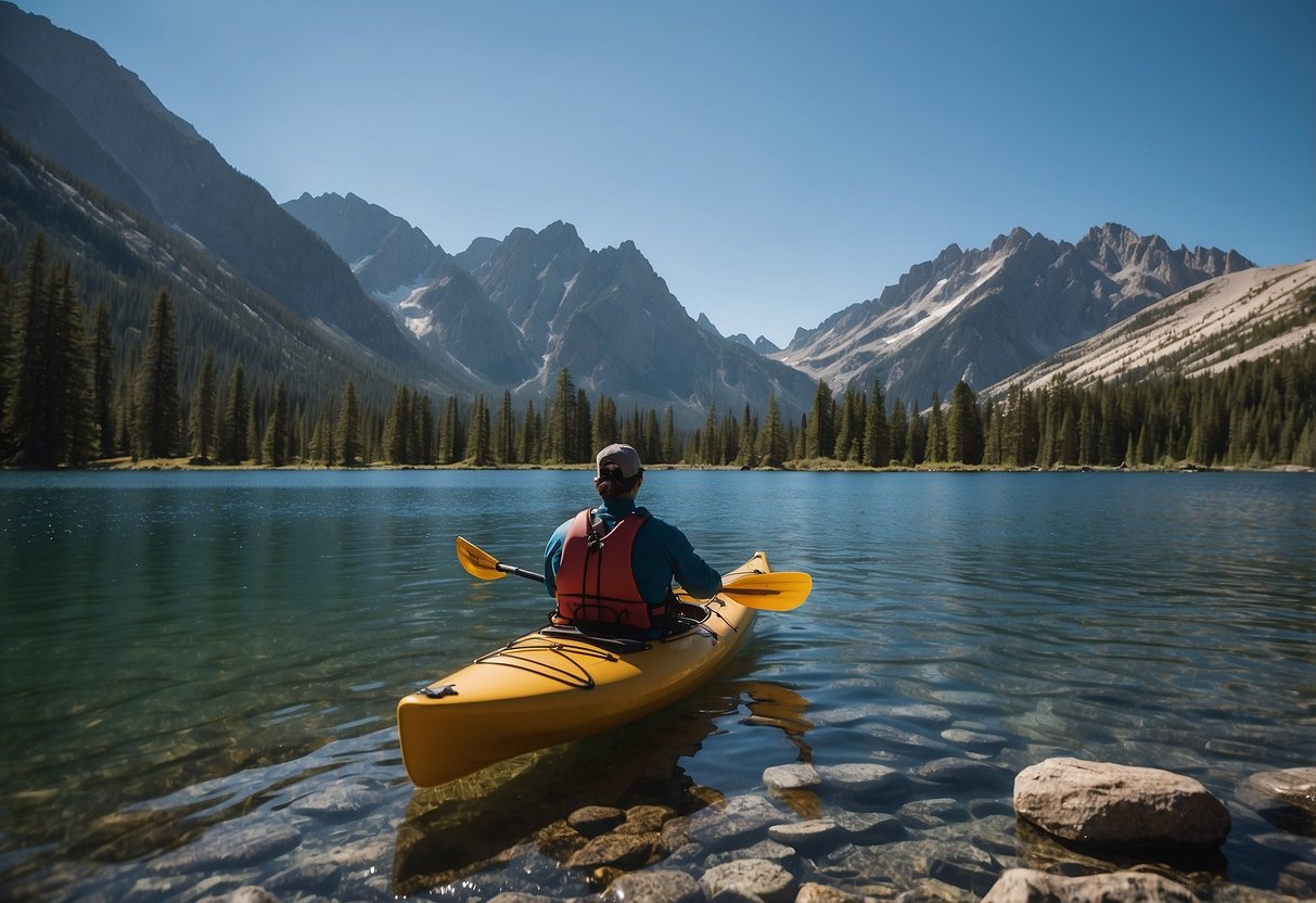 A kayaker paddles through a serene alpine lake surrounded by towering mountains and clear blue skies. The air is thin, and the water is calm, creating a peaceful and serene atmosphere