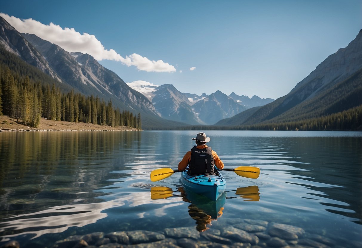 A kayaker paddling on a serene, high-altitude lake, surrounded by towering mountains and clear blue skies. The water is calm, reflecting the stunning landscape