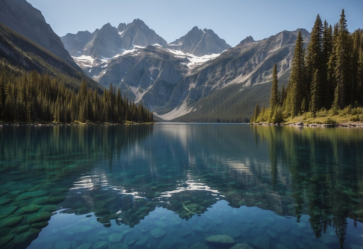 A serene mountain lake surrounded by towering peaks. A lone kayak glides across the glassy water, with a clear blue sky overhead