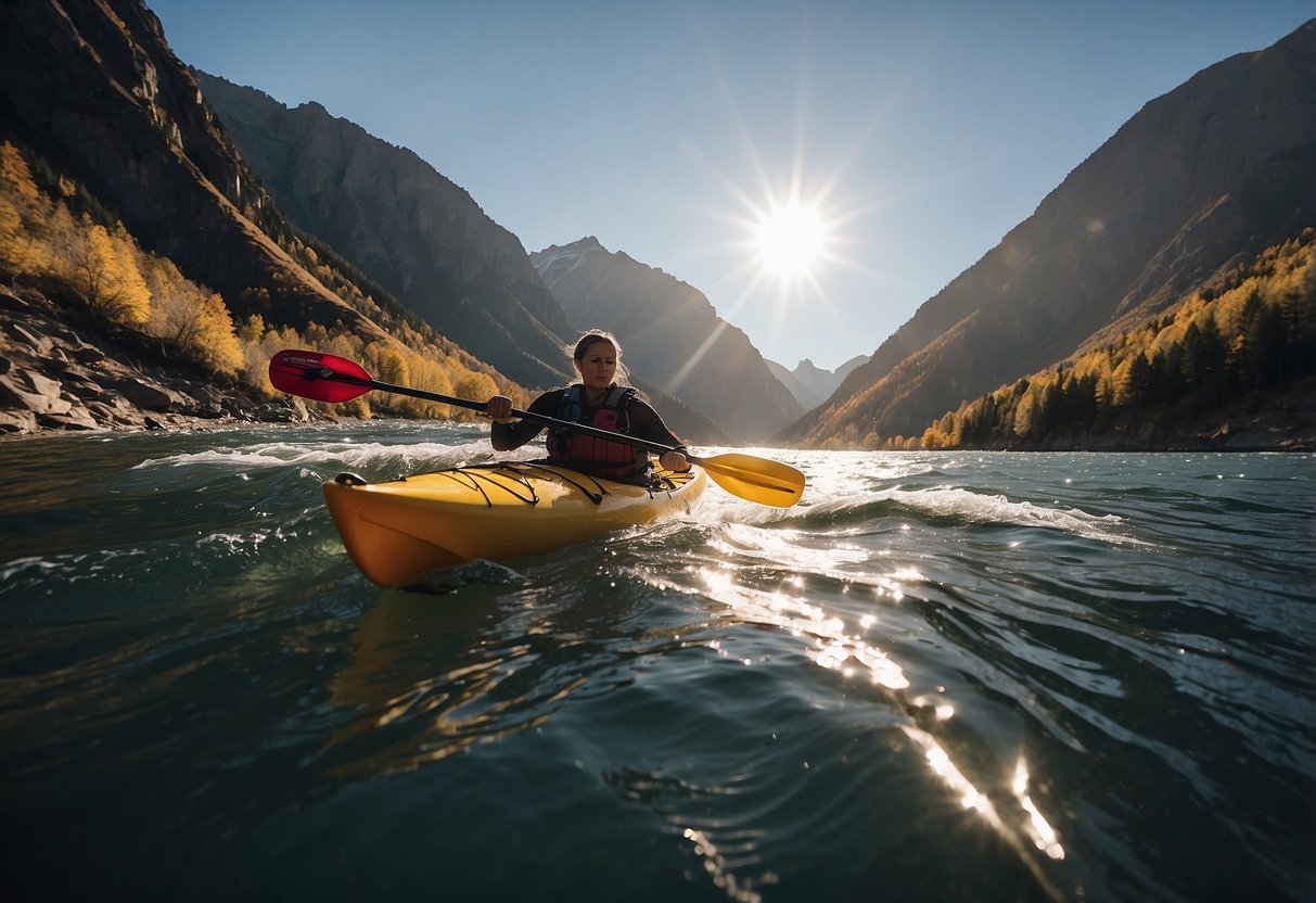 A kayaker navigates choppy waters surrounded by towering mountains and thin air. The sun hangs low in the sky, casting long shadows over the rugged terrain