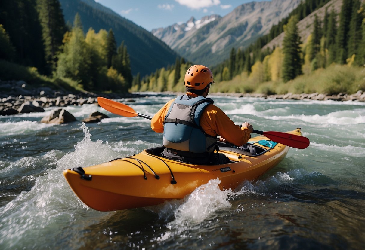 A kayak loaded with snacks ascends a mountain river, surrounded by towering peaks and thin air