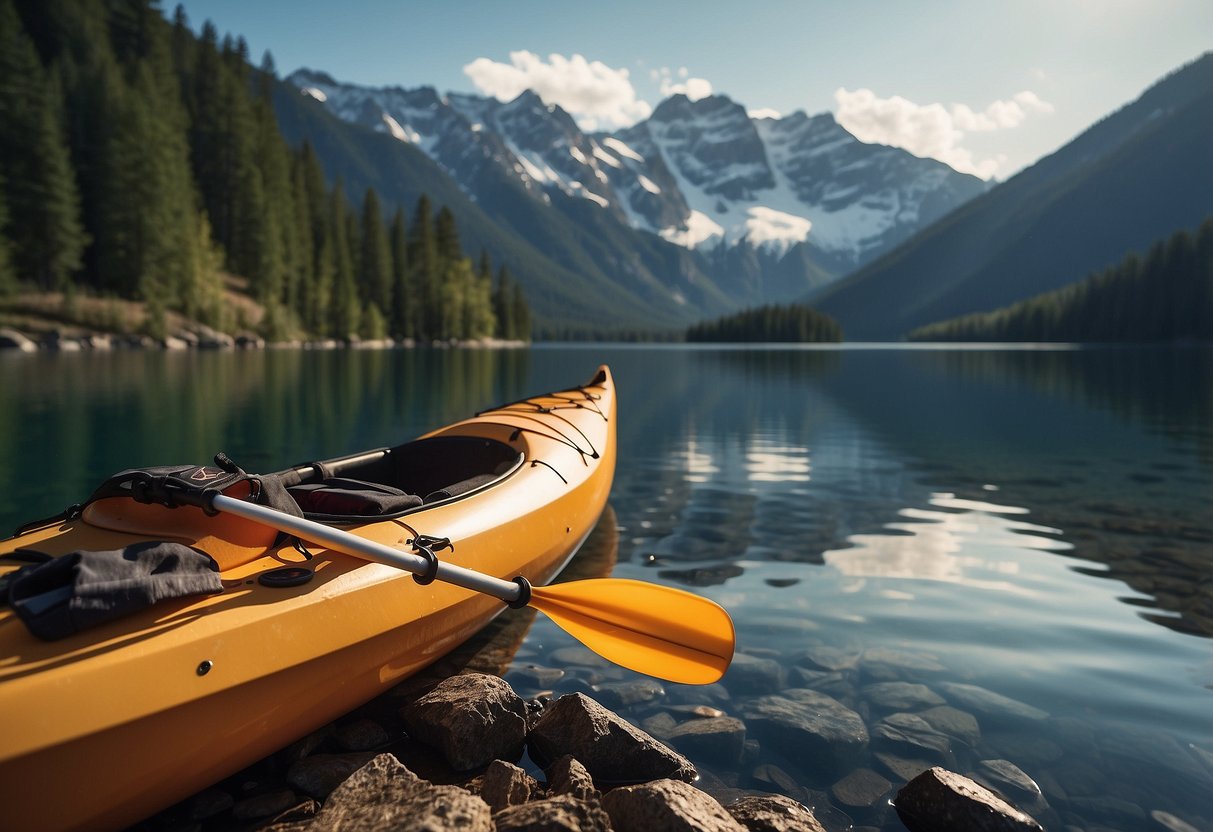 A kayak sits on a calm, mountain lake. Paddles and life jackets are neatly arranged nearby. The sun shines on the snow-capped peaks in the distance