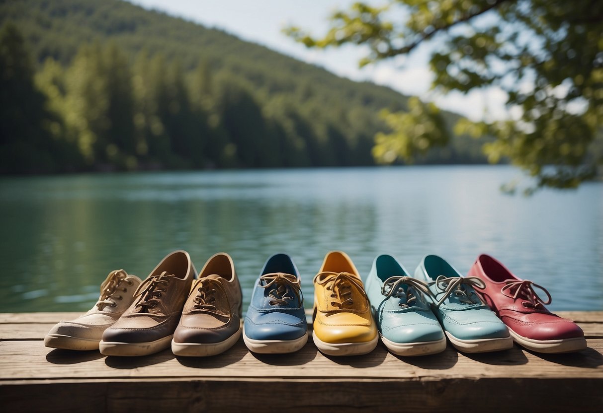 A colorful array of paddling shoes arranged neatly on a wooden dock, with a serene lake in the background and a gentle breeze rustling the surrounding trees