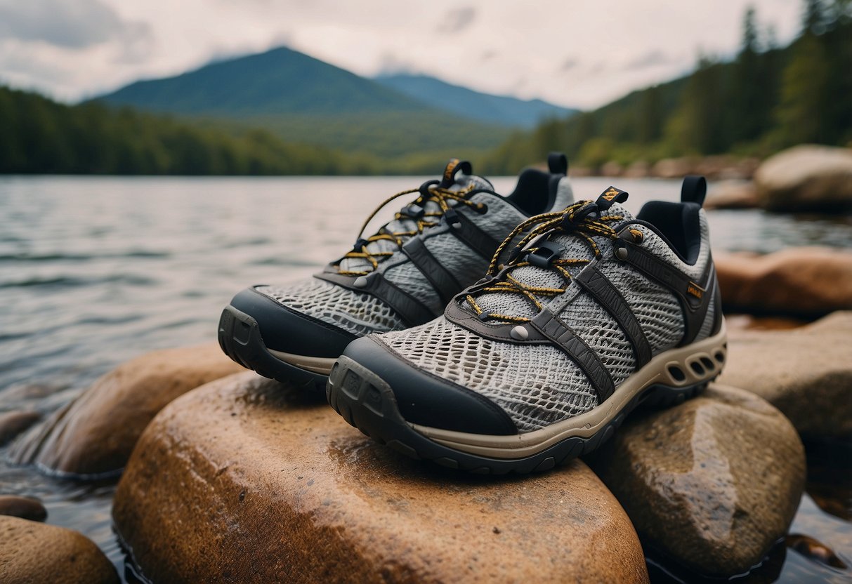 A pair of Columbia Drainmaker IV paddling shoes on a rocky riverbank, surrounded by water and a kayak in the background