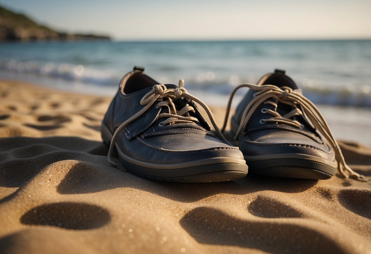 Paddling shoes on a sandy beach, water gently lapping at the shore. A pair of shoes with sturdy soles and adjustable straps lay nearby