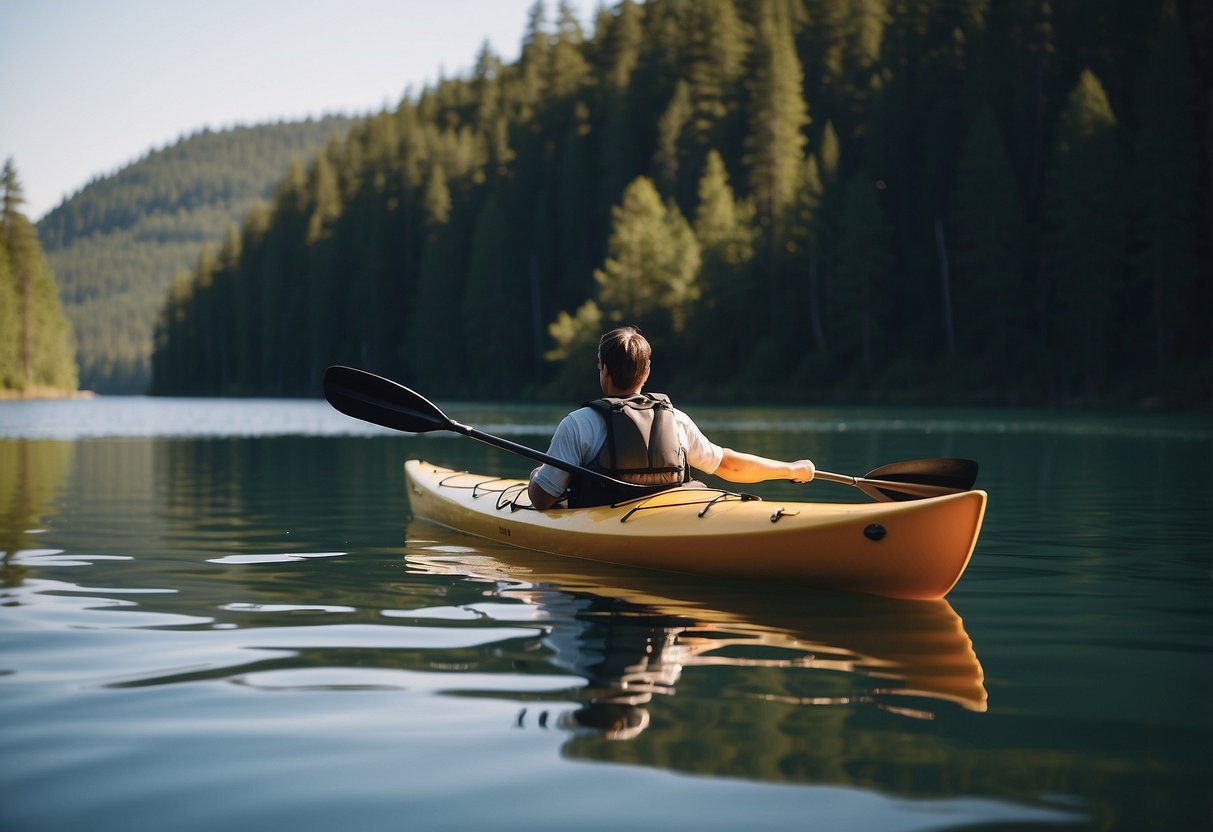 A kayak and a canoe navigating through calm waters, demonstrating proper paddling techniques and safety measures. Clear skies and tranquil surroundings convey a sense of peacefulness and serenity