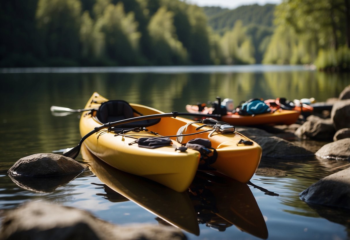 A kayak and canoe sit beside a calm river. First aid kit and safety gear are neatly organized nearby