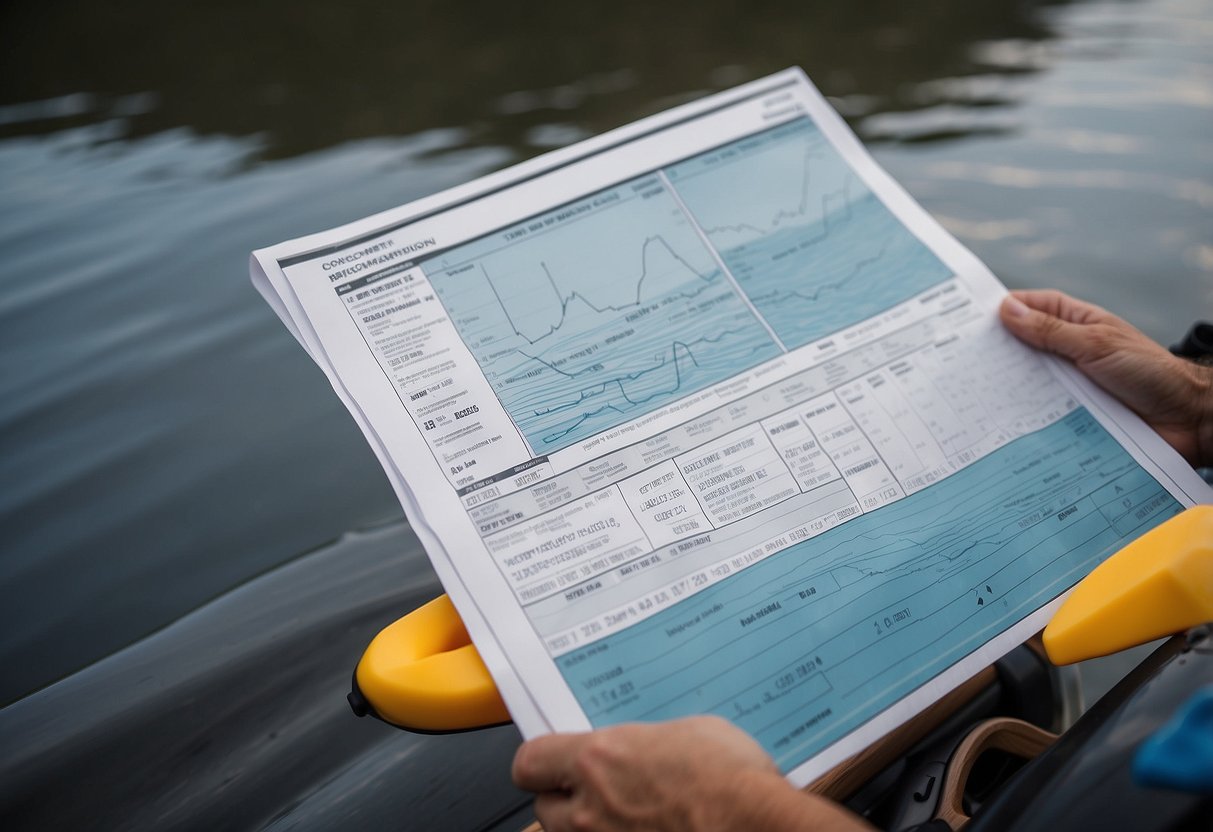 A kayaker studies tide and current charts, with a paddle and kayak nearby. Wind and waves are depicted on the charts