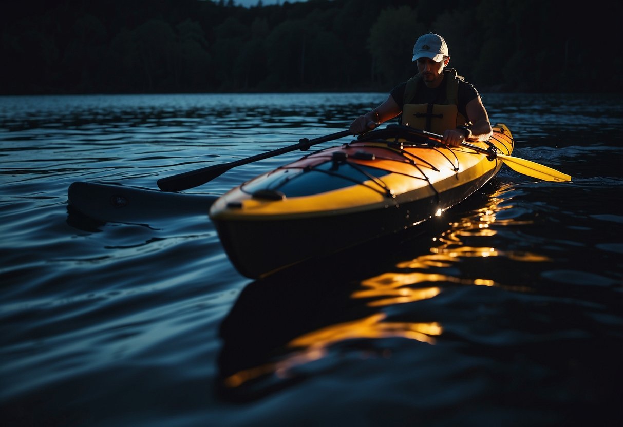 A kayak glides through the dark waters, guided by a glowing compass. The paddler confidently navigates through the night, using essential skills for safe kayaking and canoeing