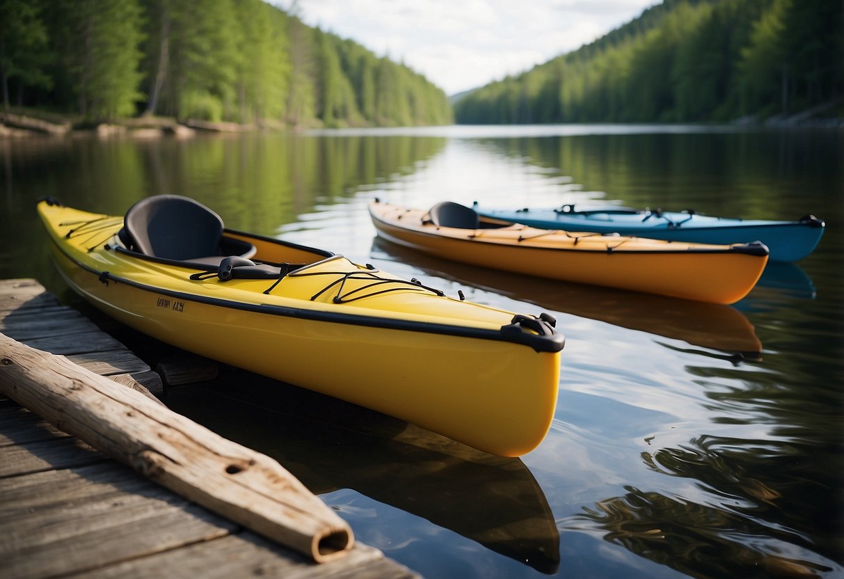 A kayak and canoe with paddles, life jackets, and safety gear laid out on a dock next to a calm, clear river