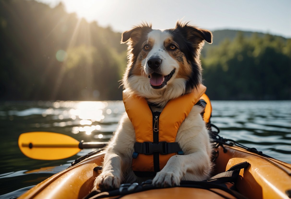 A dog sits in a kayak, wearing a life jacket. The sun shines on the calm water as the owner paddles. A leash is secured to the kayak, and a happy dog looks out over the water