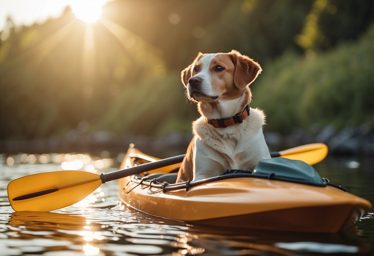 A dog sits calmly in a kayak, surrounded by calming items like a chew toy and a cozy blanket. The water is calm and the sun is shining, creating a peaceful and serene atmosphere