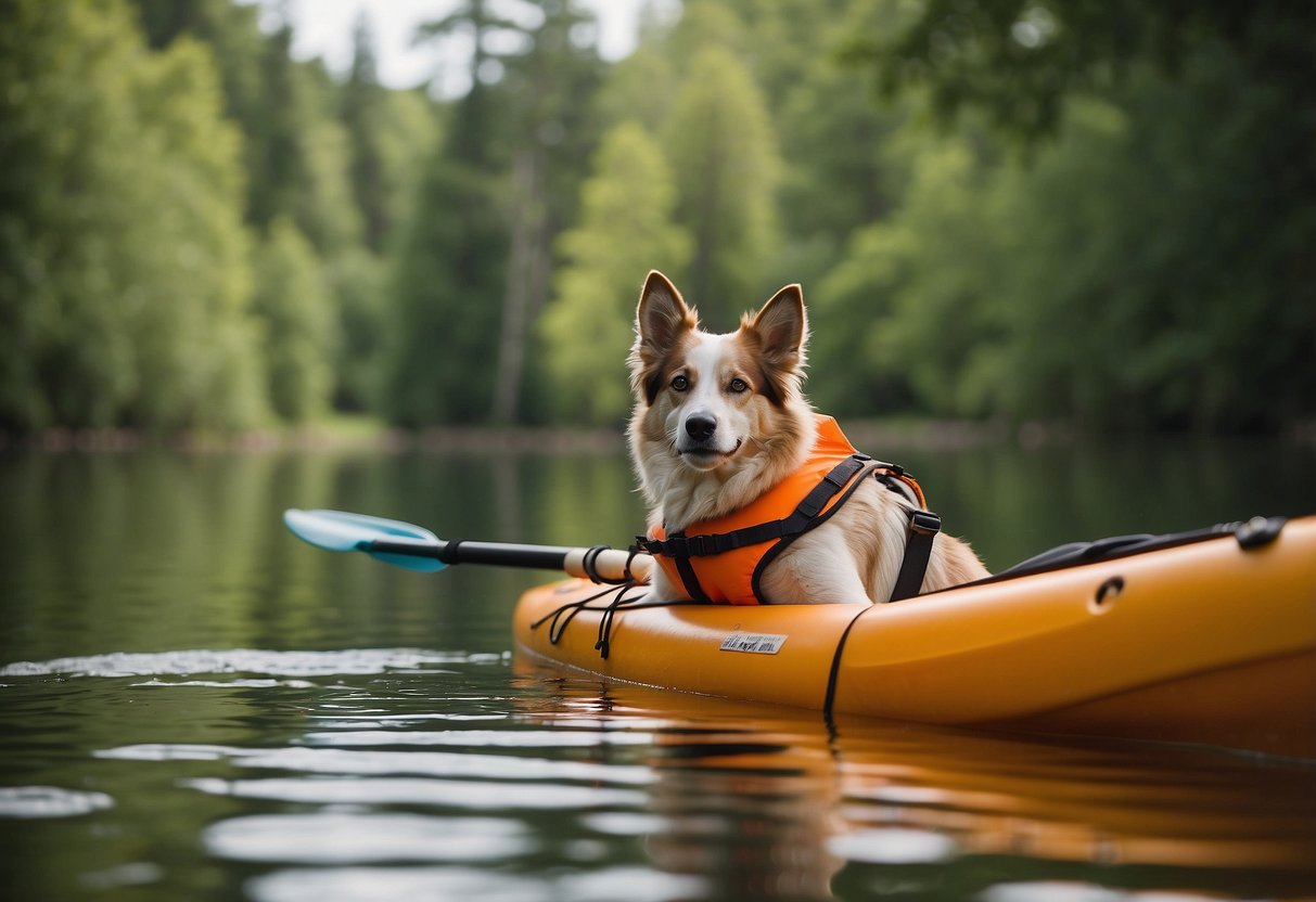 A dog wearing a bright orange life jacket sits on a kayak, surrounded by calm water and green trees. A paddle rests against the side of the kayak, ready for a day of paddling with pets