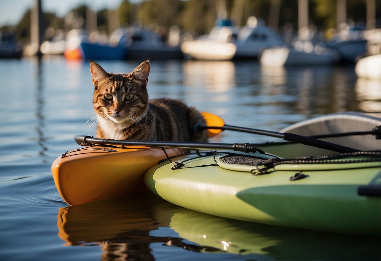 A kayak sits on calm water, a dog and cat peek out from a cargo hatch. A map and pet supplies lay on the deck