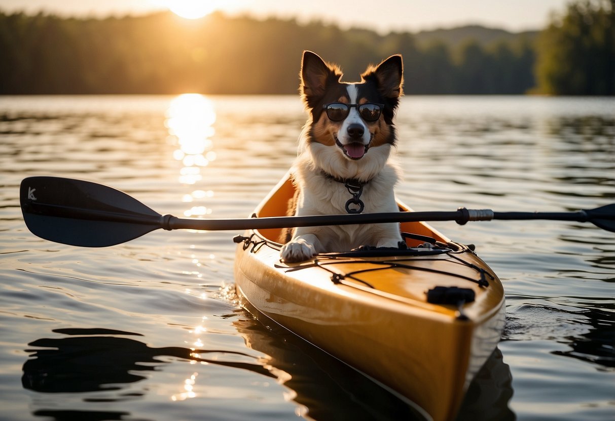 A dog sits in a kayak, with a paddle resting on the side. Another paddle is secured in a holder on the opposite side. The sun shines down on the calm water, creating a peaceful scene for paddling with pets