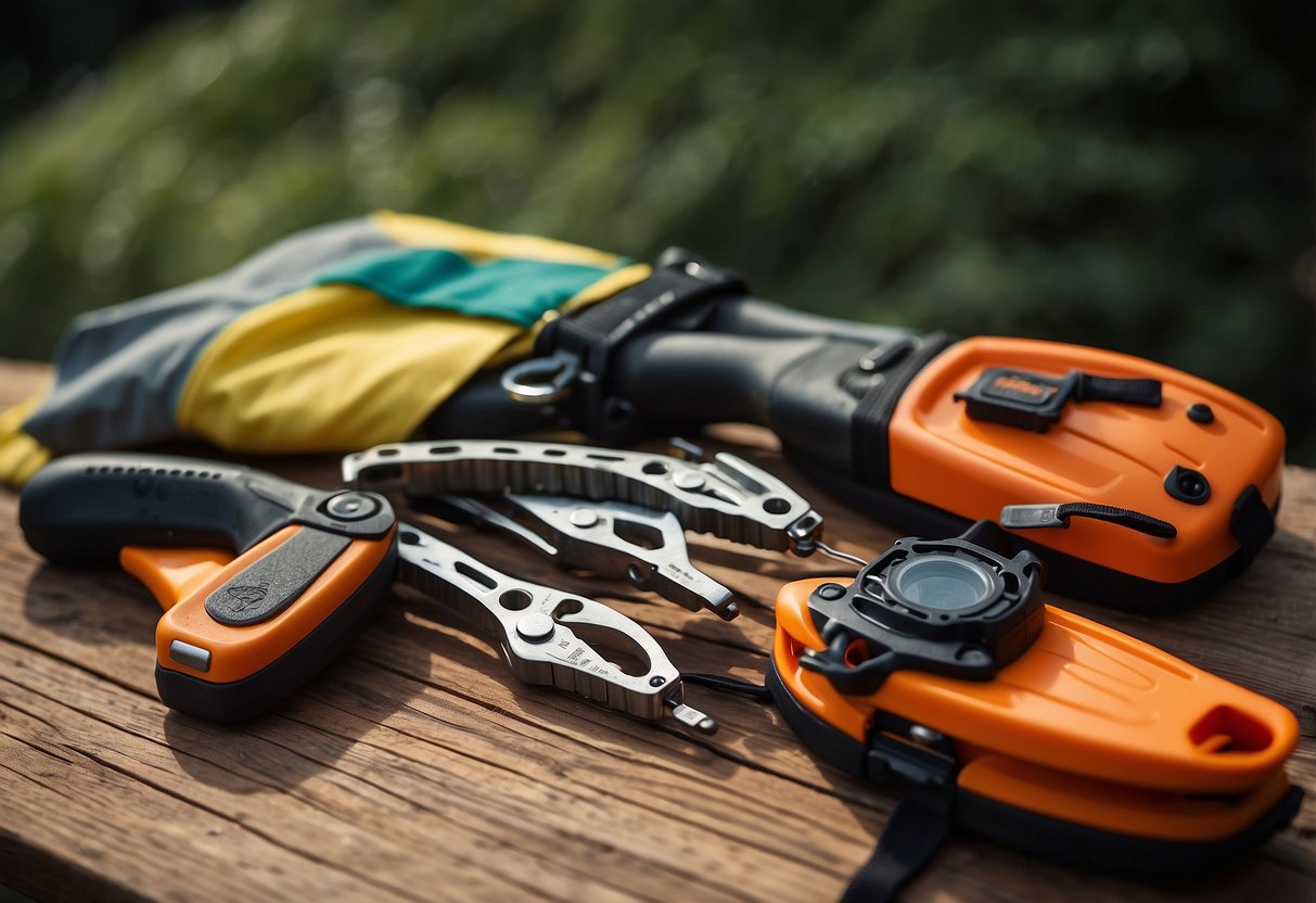 Five multi-tools arranged on a wooden table with a paddle and life jacket in the background. Each tool is displayed prominently with its unique features visible