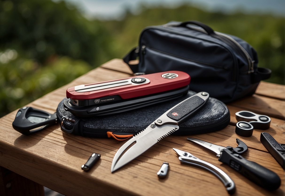 A Victorinox SwissTool lays on a wooden table surrounded by various paddling gear. The multi-tool is open, showcasing its different functions, and is positioned next to a kayak paddle and a waterproof bag