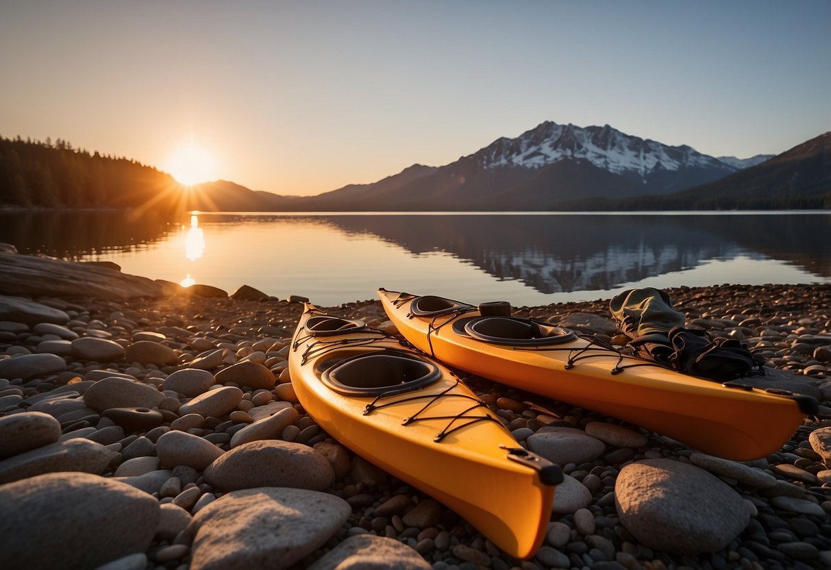 A kayak rests on a rocky shore, surrounded by paddling gear and the CRKT Technician 5 multi-tool. The sun sets behind the mountains, casting a warm glow over the scene