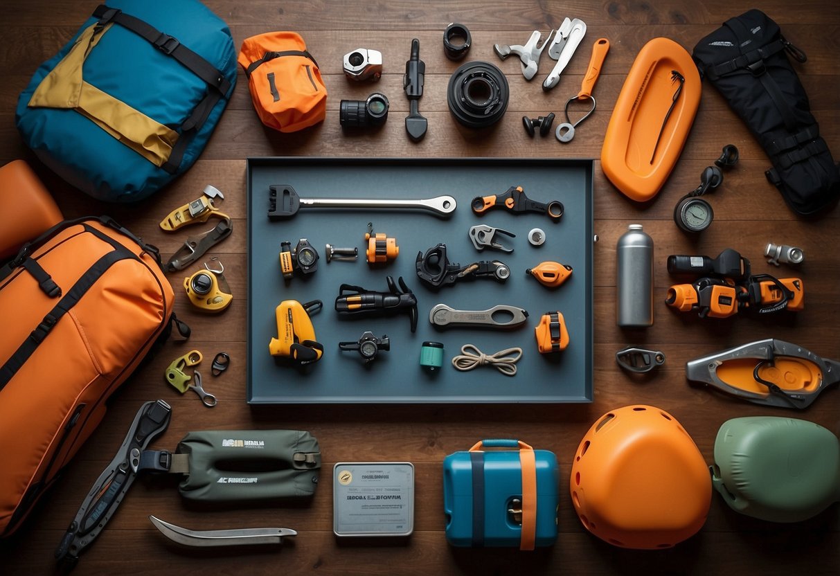 A table with various multi-tools laid out, surrounded by paddling gear such as life jackets, paddles, and a kayak. A checklist of maintenance tips is displayed next to the tools