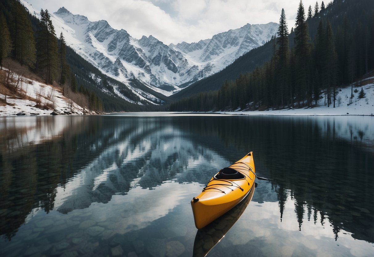 Snow-covered mountains surround a tranquil lake. A lone kayak glides through the icy waters, creating ripples in the reflection of the winter landscape