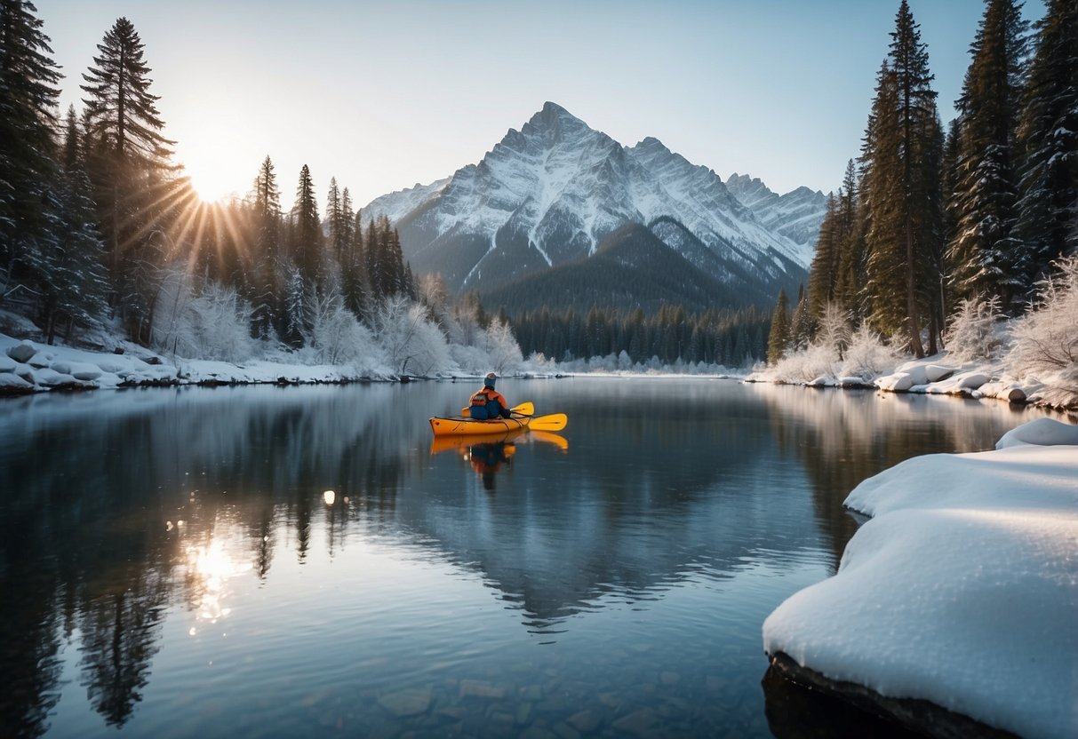 A serene winter scene on a calm, icy river surrounded by snow-covered trees and mountains. A kayak and canoe peacefully glide through the tranquil waters, creating a picturesque winter landscape