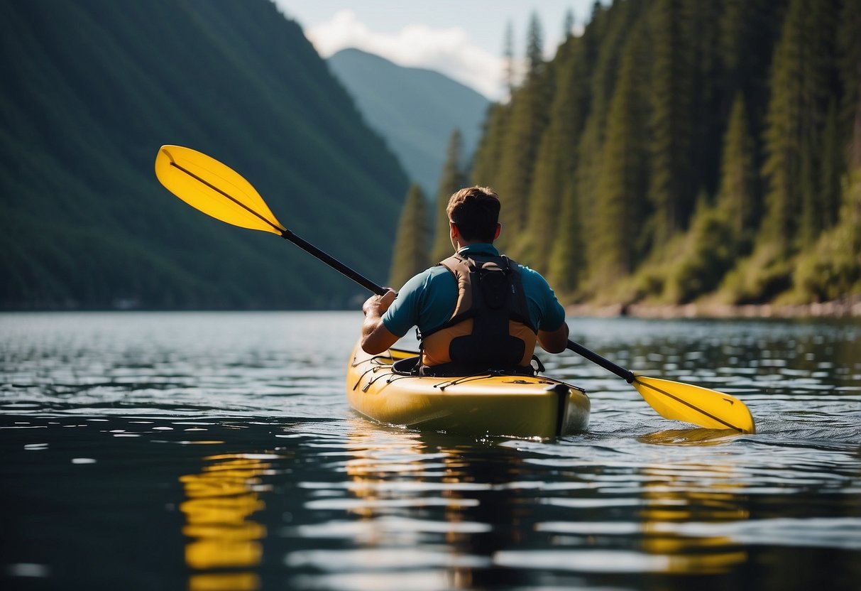 A kayak glides smoothly over calm water, with a paddler using proper technique to avoid blisters. Paddle grips are cushioned, and the paddler's hands maintain a relaxed grip on the paddle shaft