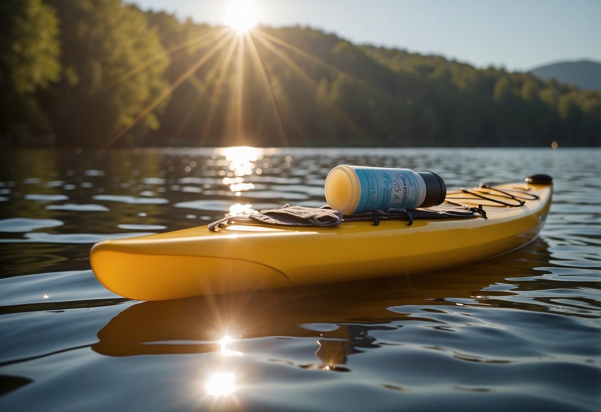 A paddle resting on a kayak seat, with a tube of anti-chafing balm nearby. The water is calm, and the sun is shining, creating a peaceful and serene scene