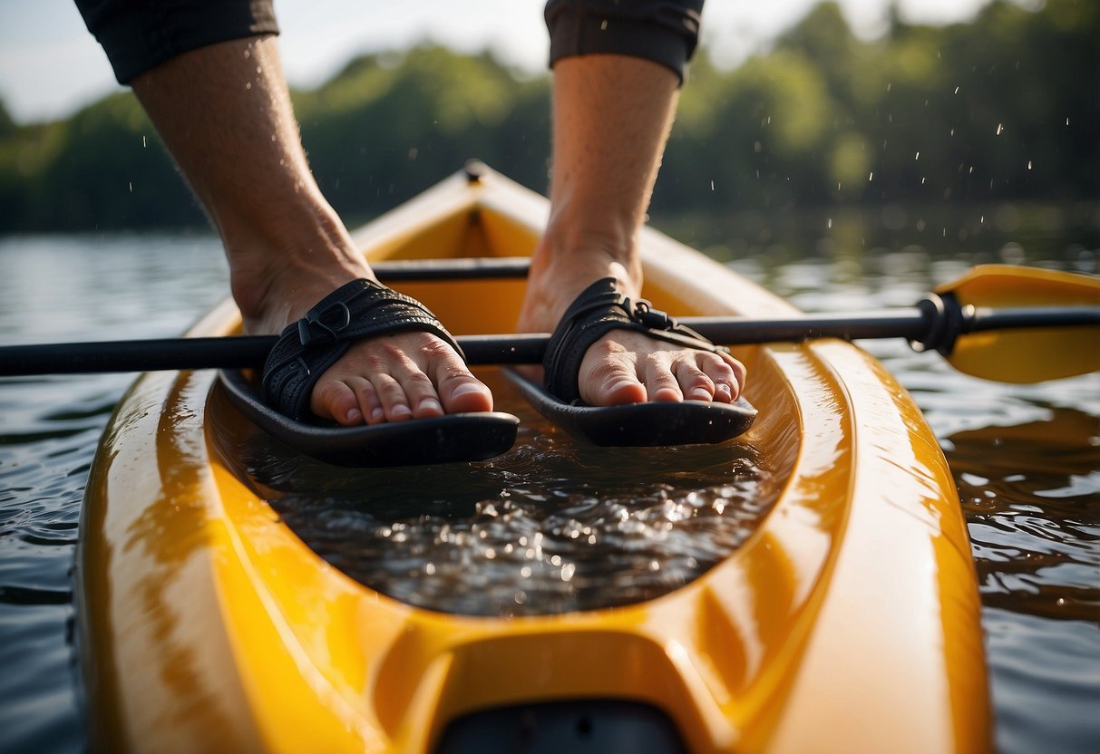 A pair of bare feet on a kayak, with water dripping off the sides, surrounded by a cool breeze and shaded from the sun